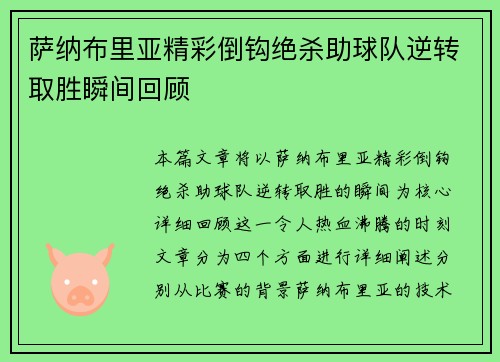 萨纳布里亚精彩倒钩绝杀助球队逆转取胜瞬间回顾 萨纳布里亚精彩倒钩绝杀助球队逆转取胜瞬间回顾