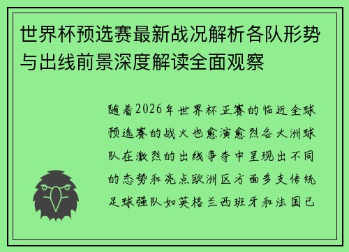 世界杯预选赛最新战况解析各队形势与出线前景深度解读全面观察